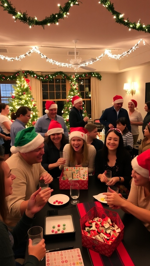 A fun Christmas party with people playing games and celebrating together.